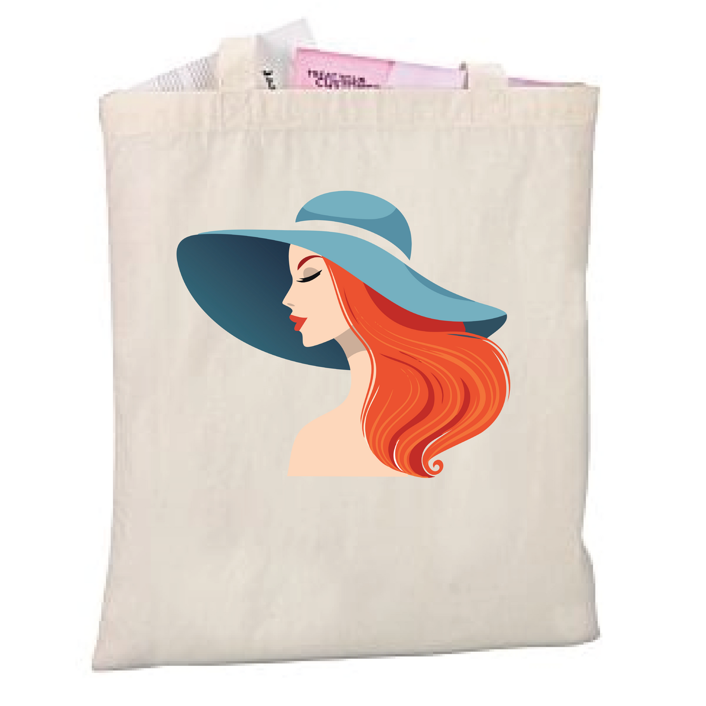 Red haired woman with blue hat